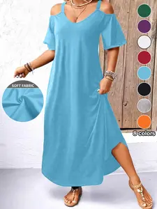 Plus Size Women's Hollow Out Shoulder Dress, Casual Wear Vacation Summer Fashion, Round Neck, Plain Simple Design, Slimming and Concealing, Minimalist