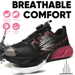 Women's steel-toe sports non-slip work shoes, made of breathable mesh material, with a rotary knob lace system, featuring anti-smashing, anti-piercing, shock-absorbing and wear-resistant properties. Footwear, Closed Girl Safety Boots Cover nurse
