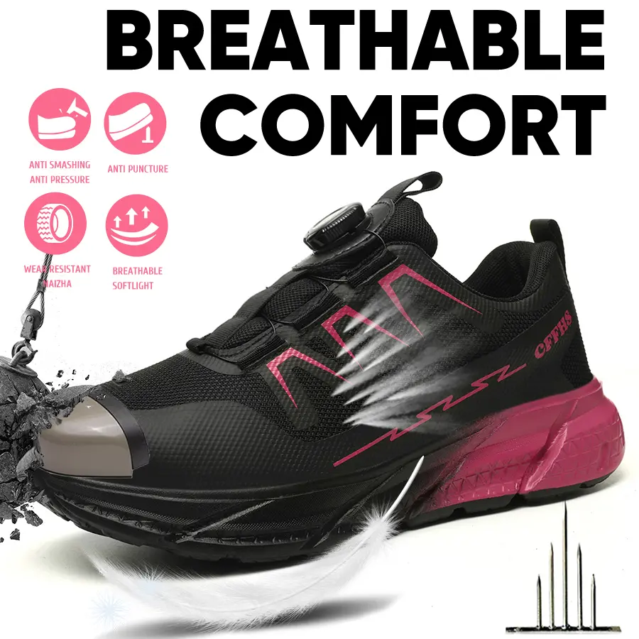 Women's steel-toe sports non-slip work shoes, made of breathable mesh material, with a rotary knob lace system, featuring anti-smashing, anti-piercing, shock-absorbing and wear-resistant properties. Footwear, Closed Girl Safety Boots Cover nurse
