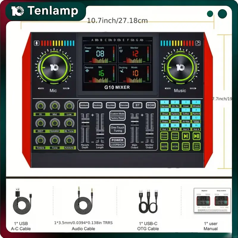Tenlamp G10 All-in-1 USB DJ Controller Mixer Sound Card Kit, Portable Digital DJ Board for Podcast Recording, Plug-and-Play for Phone, Laptop & Beginner Device
