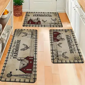 2/3pcs Vintage Farmhouse Rooster Kitchen MatMachine Washable Polyester, Handmade Fabric, Rustic Red Barn & Golden Wheat Design, Ideal for Bedroom, Living Room, Dining Room, Kitchen, Bathroom, Entryway, Bathroom Floor Decor |   Vintage Farmhouse Decor