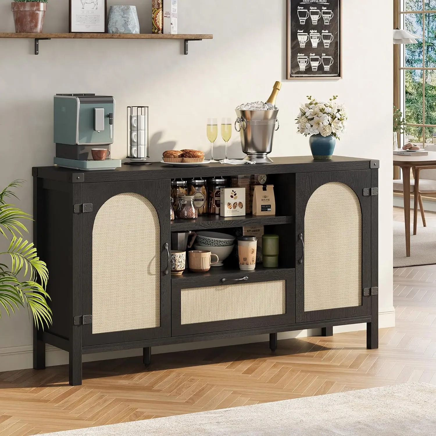 59.1" Rattan Sideboard Buffet Cabinet with Storage, Farmhouse Kitchen Buffet Cabinet with Drawer, Boho Wooden Coffee Bar with Open Shelves, for Dining Room, Living Room, Black