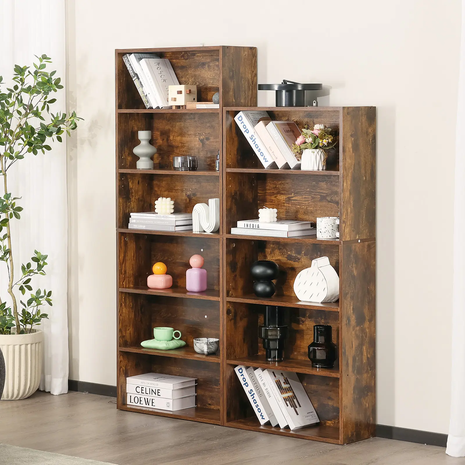 Sweetcrispy Wood S-Shelf Bookshelf - Stable Large-Size Multi-Layer Floor-Standing Open Storage System Shelf with Reinforcement, Assembly-Required for Home Office, Living Room