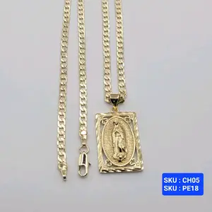 Virgin Mary Pendant Cuban Link Style 24 Inches 4 Millimeters Laminated Gold Jewerly Necklace