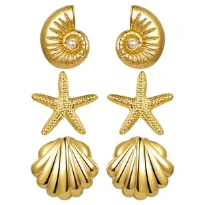 3 Pairs Beach Earrings: Gold Summer Boho Shell Starfish Conch Earring Stainless Steel Ocean Jewelry for Women