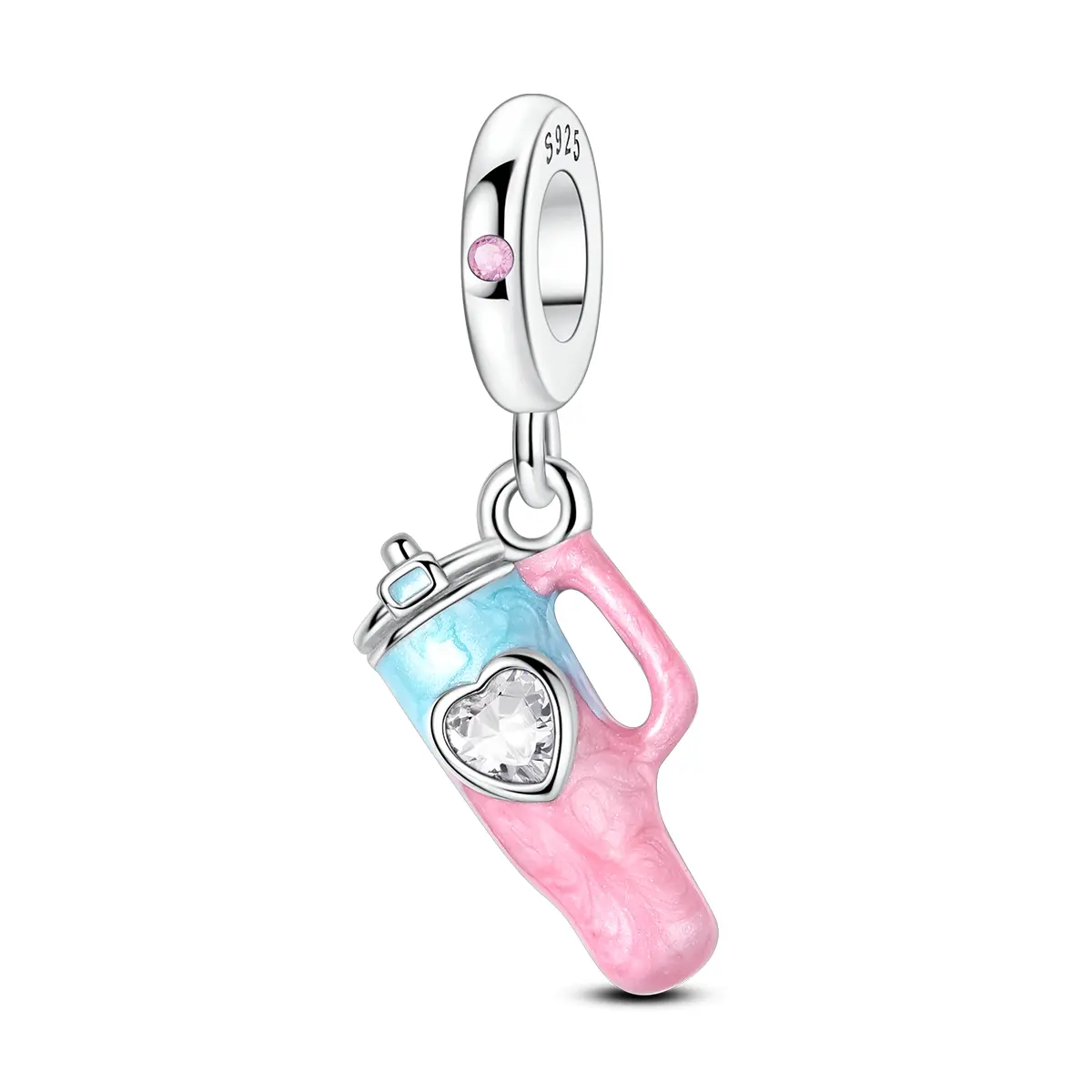 MULA 925 Silver-Plated Cute Water Bottle Charm Bead - Pink & Blue Enamel, CZ Hearts, Pandora-Compatible Hypoallergenic Charms & Pendants for Women, Casual Birthday Gift Jewelry, Whimsical Necklace