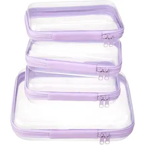 4 count Clear Zipper Pouches,Hard Shell Zipper Case, Toiletry Bag for Travel, CLear Diaper Bag, Toiletry Pouch, Travel Organizer, Clear  Bag, Storage Bins (M+3S) (Lavender)