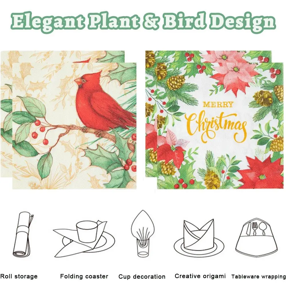 Christmas Decorative Table Napkins, 2-Ply Eco-Friendly Virgin Wood Pulp 33cm Thick Soft Unscented Baby-Safe Plant & Bird Printed Kitchen Tissues, 20 Sheets/Pack, Plants