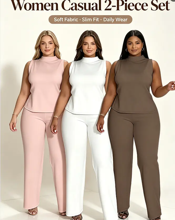 Women’s Plus Size Matching Two Piece Set, Sleeveless High Neck Top & Flowy Wide Leg Trousers, Soft Stretch Casual Outfit