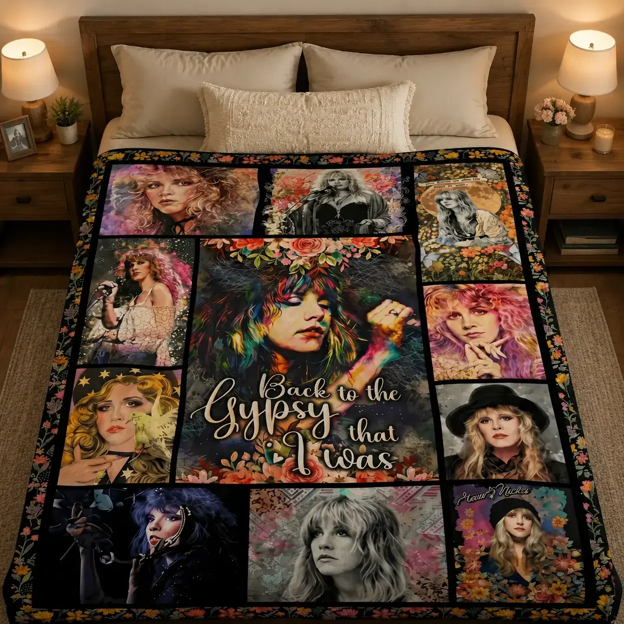 Stevie Nicks Gypsy Era Floral Collage Flannel Sherpa Fleece Blanket - 70s Retro Boho Rock Music Icon Art, Fade-Resistant All-Seasons Throw for Sofa, Gift for Christmas, Valentine, Watch Party Fans, Cozy Bedding Blanket