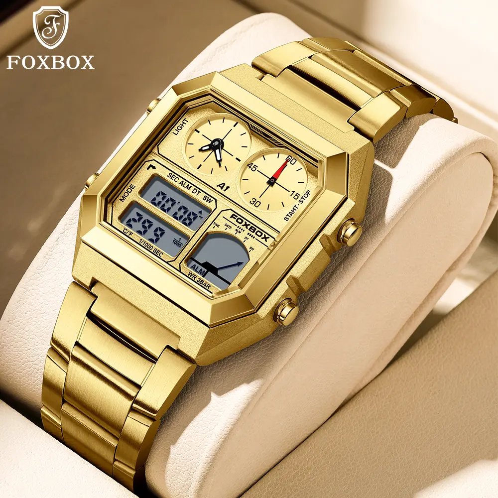Men's Square Dial Digital Quartz Watch - Stainless Steel Strap Wristwatch, Modern Dual Display Multifunction Timepiece with Luminous Hands, 30M Water Resistant, for Everyday Use, Multifunction Watch, Square Dial Watch