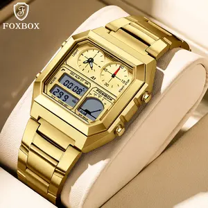 FOXBOX Men's Digital Watch – Square Design with Dual Display, Multi-Function Dial Featuring 24-Hour and Second Sub-Dials, Stainless Steel Strap, 30M Water Resistant.