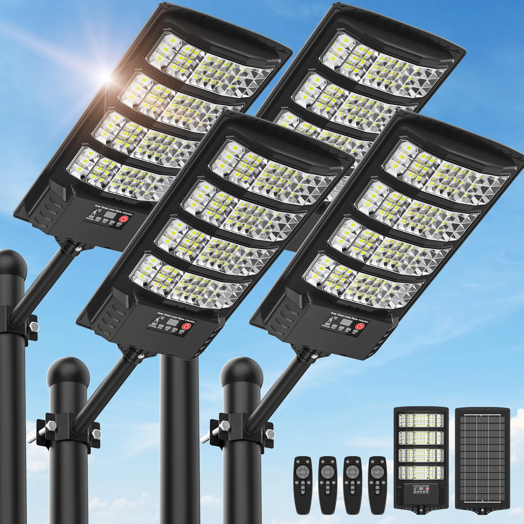 Solar Street Lights Outdoor Waterproof , 320°Wide Angle Flood light, LED Solar Parking Light with Motion Sensor and Remote Control for Outdoor, Streets, Courtyards,Parking Garages