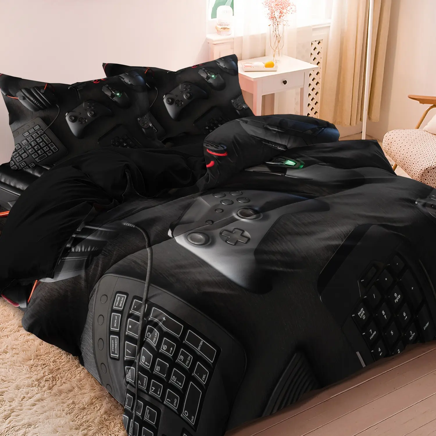 3pcs Set Boys Video Game Controller Mouse Keyboard Headphone Pattern Bedding Duvet Cover Set, Printed Bedding Set - Gamepad Print - Bedroom Bedding Set - Comfy Bed Sets - (1Duvet cover+2Pillowcase, No quilt)