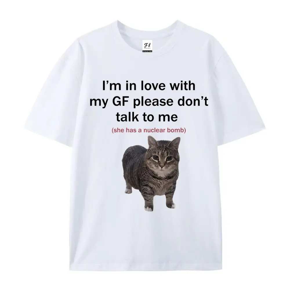 Women's Casual Short-Sleeve Round-Neck T-Shirt - Funny I Love My GF Meme Graphic, Absurd Cat Boyfriend Gag Gift Apparel, Women's Top
