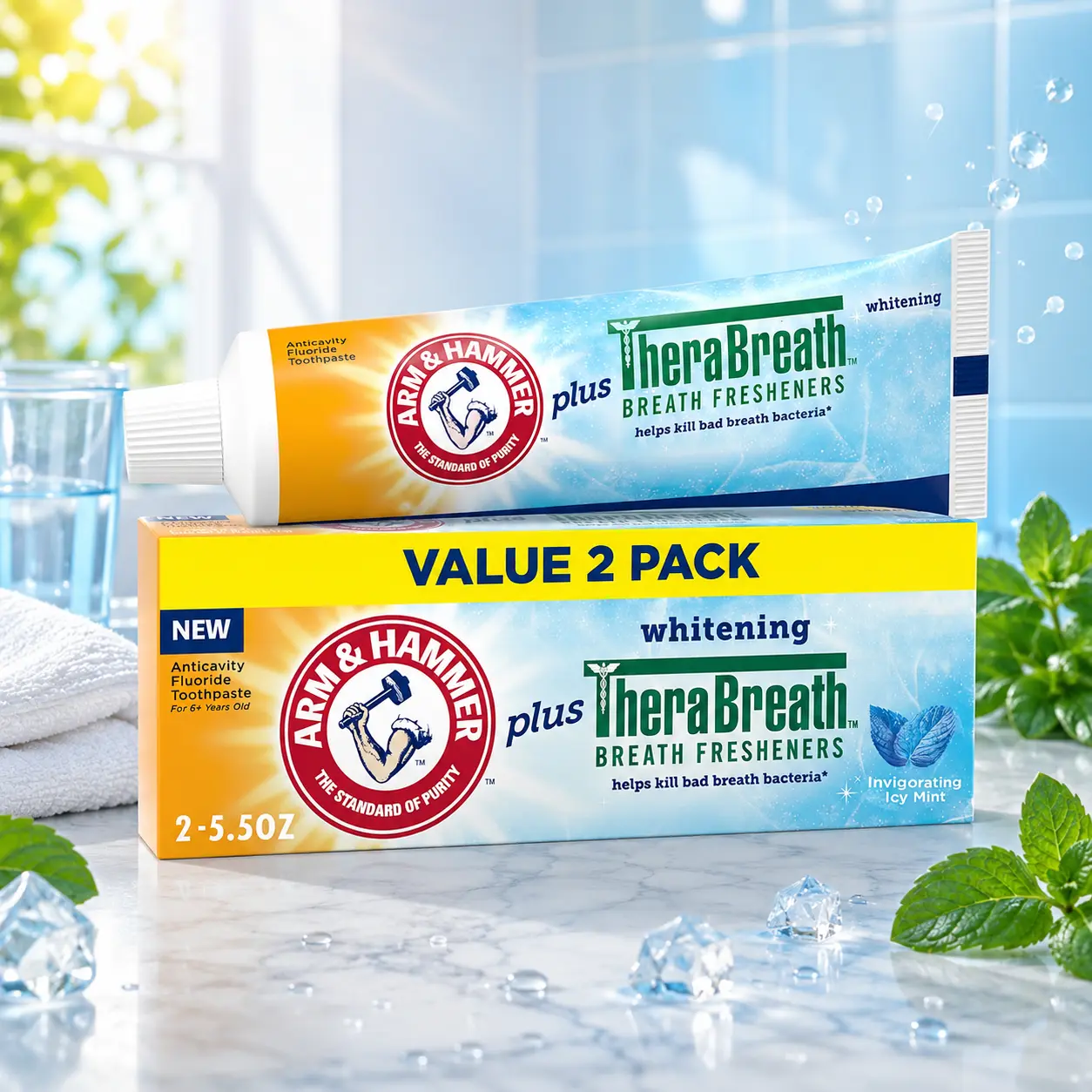 ARM & Hammer Oral Toothpaste with TheraBreath Icy Mint Breath Fresheners, Teeth Whitening, Anticavity Fluoride for Bad Breath, 5.5 Oz (Pack of 2)