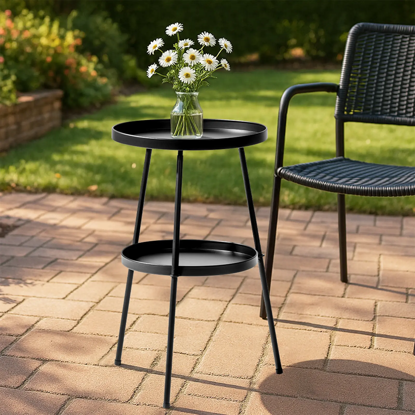 2-Tier Black Metal Round Patio Side Table - Compact Indoor Outdoor End Table for Small Spaces