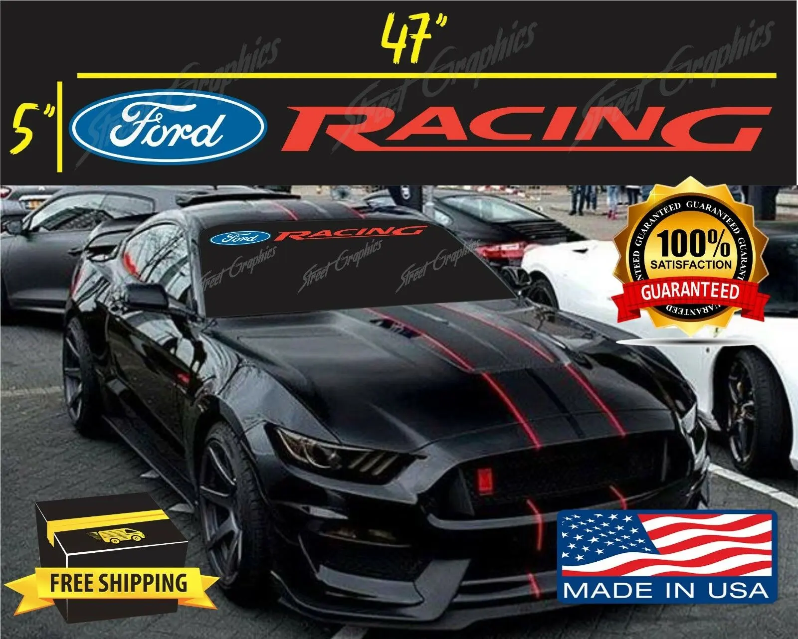 FORD RACING Windshield Vinyl Decal Sticker 47" x 5" Durable Material USA Made Vehicle Exterior Decoration Fast Shipping