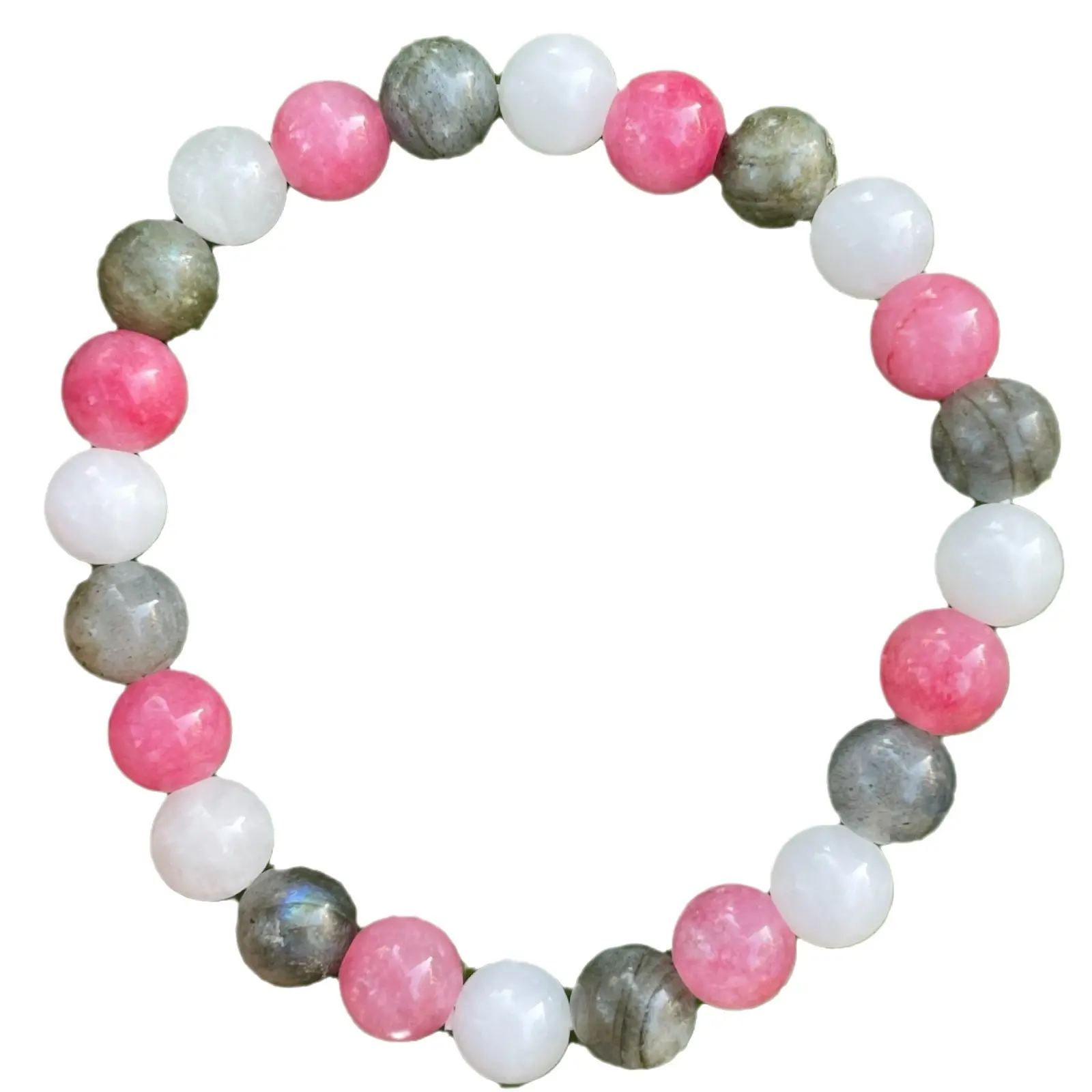 Polished Rhodonite, Moonstone & Labradorite Beaded Bracelet, Hand-Assembled for Emotional Healing and Daily Anxiety Relief, Stress Reduction, Calms Nervous System, Handmade Craftsmanship, Iridescent Labradorite, Adults