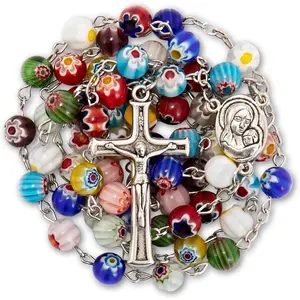 Shadowless Glass Rosary Necklace Handmade Multicolor Thousand Flower Beads Rosary Holy Soil Medal and Cross