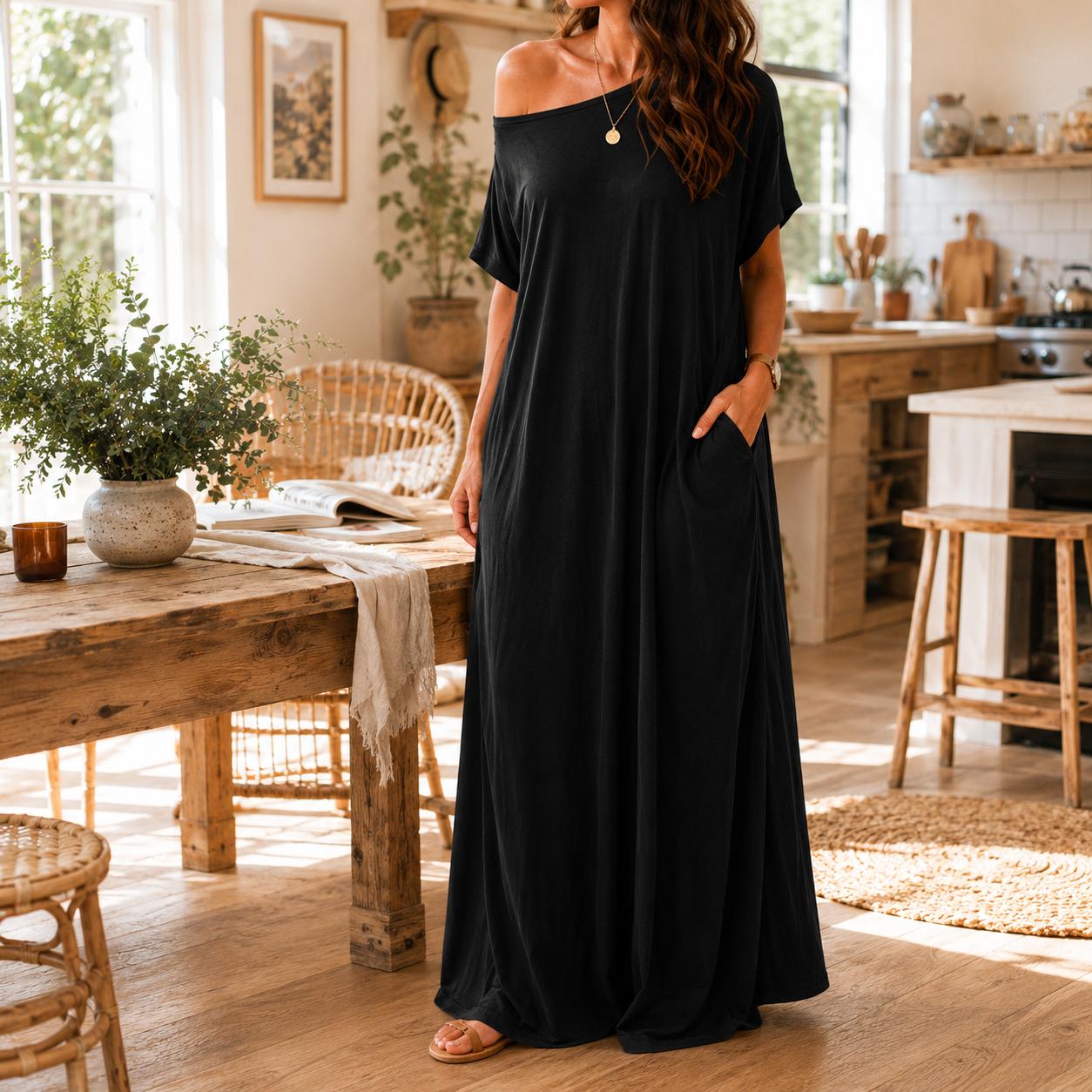 Women’s Oversized Batwing Sleeve Lounge Dress Soft Comfy Loose Fit Maxi Nightdress Casual Short Sleeve Sleepwear with Pockets Breathable Loungewear for Home Daily Wear Vacation Womenswear