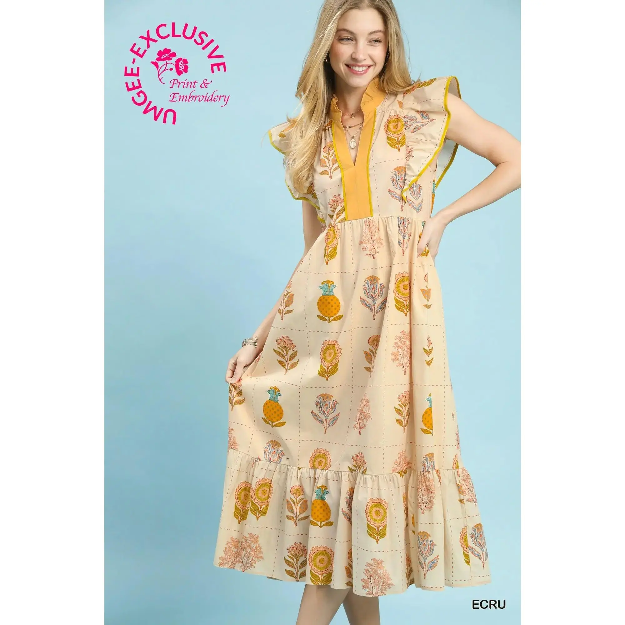 Umgee Floral Print Midi Dress with Ruffle Sleeves - Ecru