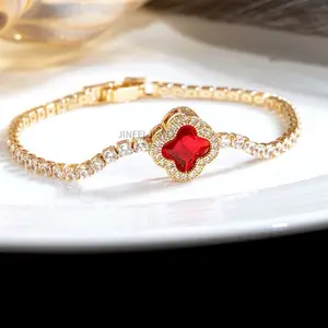 Elegant 18K Red Cubic Zirconia Clover Tennis Bracelet with Sparkling Crystal Accents. Adjustable Bangle for Women's Gift Dinner Dates Anniversary Birthday Wedding Brunch