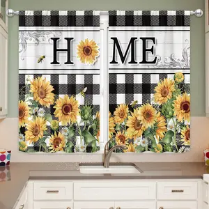 2pcs - Polyester - Country Sunflower Kitchen Curtain Farmhouse Floral Black And White Buffalo Plaid Yellow Flowers Plants Bedroom Living Room Decor set inganchos custom drapery panel doble layer darkening print ruffle boho cortina forro space window