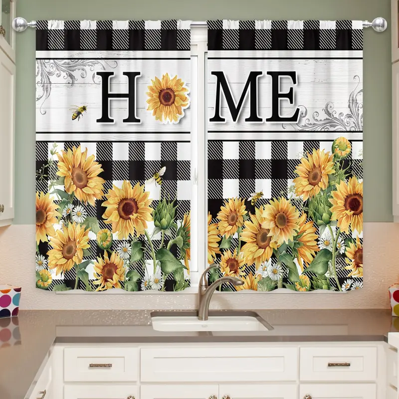 2pcs Polyester Farmhouse Home Decoration Curtains - Black White Buffalo Plaid/Yellow Sunflower Floral/Striped, Layered Darkening Ruffle Boho Grommet Drapery Panels, Custom Double-Layer Lined Home Textile for Kitchen Supplies