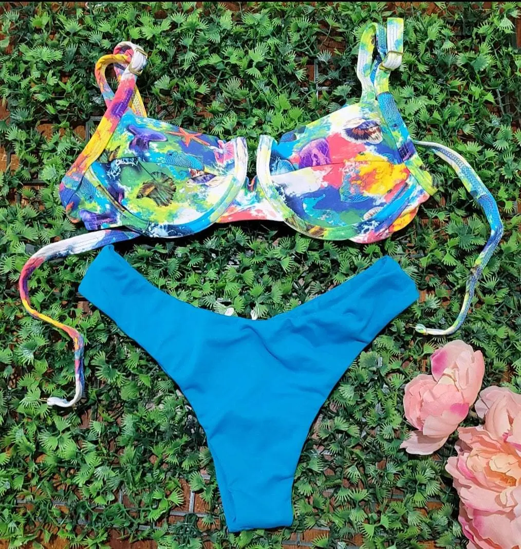 Fishes jellyfish thong bikini set