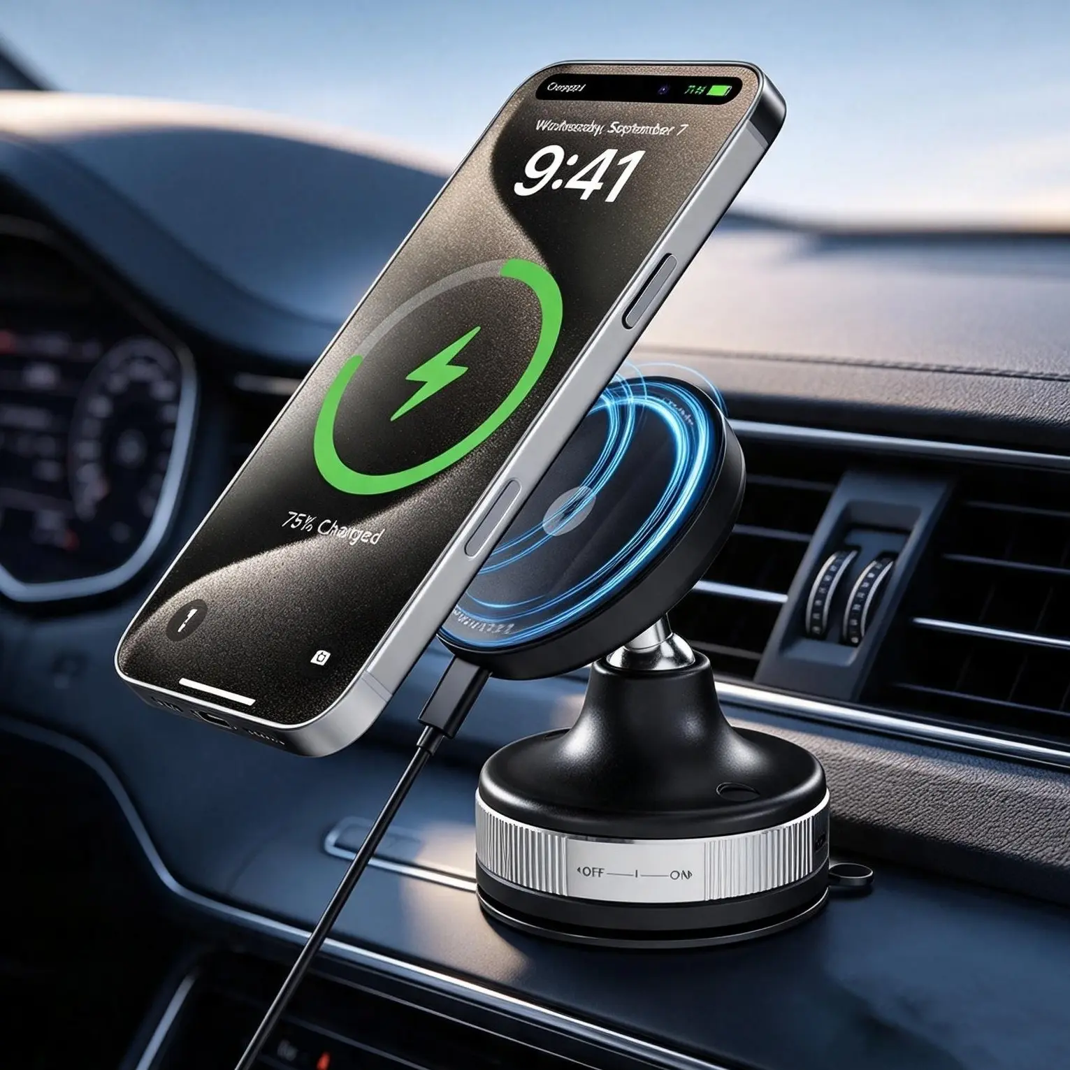 Magnetic Car Wireless Charger & Phone Holder for Dashboard & Glass, 15W 2-in-1 Vacuum Suction Cup Mount, 360° Adjustable with 120LBS N55 Magnet & 1.5m Cable, Compatible with iPhone 17/16/15/14/13/12 & Android sohochic