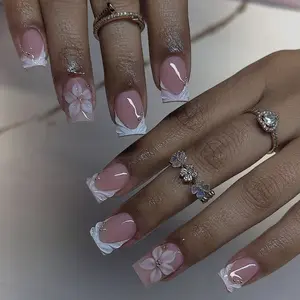 Short Square Nude Pink Cherry Blossom Press On Nails, French Water Ripple Rhinestone Simple Unique False Nails with Glue & File