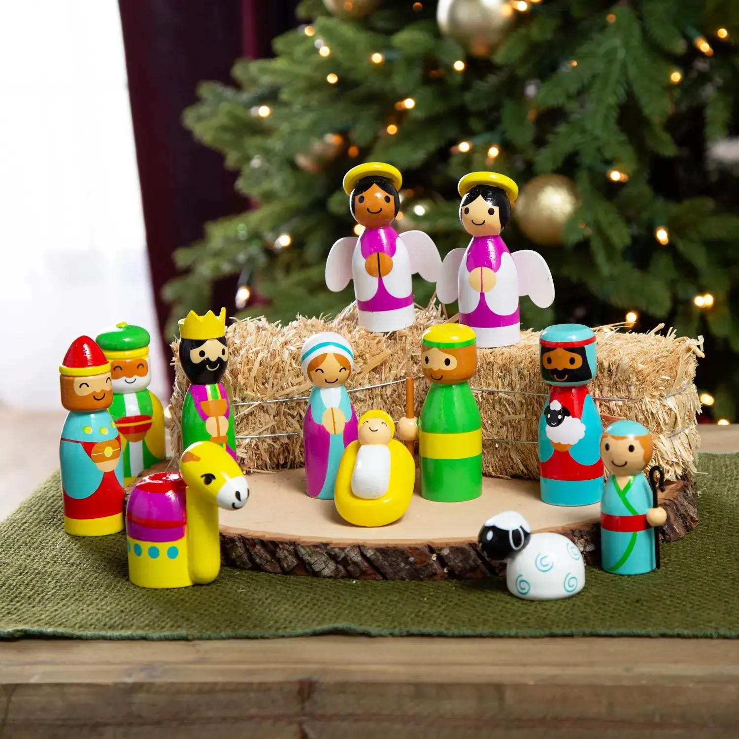 Colorful Wood Nativity Scene Decor - 12-Pc Multicolor Tabletop Festive Decoration Set for Home, Ornaments