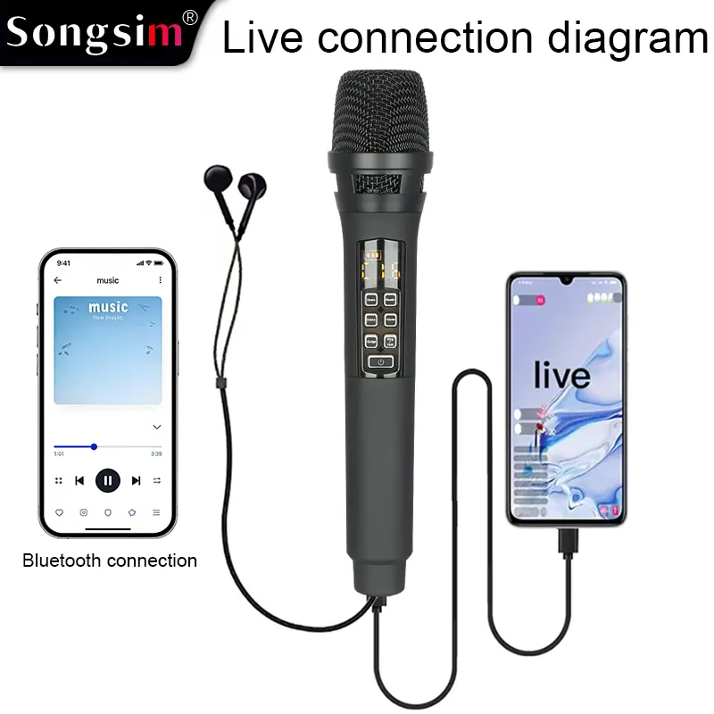 Songsim K6 All-in-1 Dynamic Microphone with Built-in Sound Card, Bluetooth, OTG Plug-and-Play Function, Adjustable Reverb, Dodge & Real-Time Monitoring for Live Streaming, Karaoke, Podcast Recording
