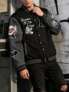 Vintage Dark Heavy Embroidered Baseball Jacket, Street Style School Team Coat, Skull Spider Pattern Loose Cool Couple Spring Fall Outerwear
