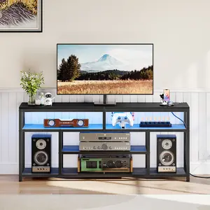 HOOBRO LED TV Stand with Charging Station, 4-Tier Entertainment Gaming Center, Modern Media Console Table, Open Shelves, 55.1"L x 13.8"W x 26.2"H, for TVs up to 65", for Living Room, Black#SpringSale #BigSpringSale