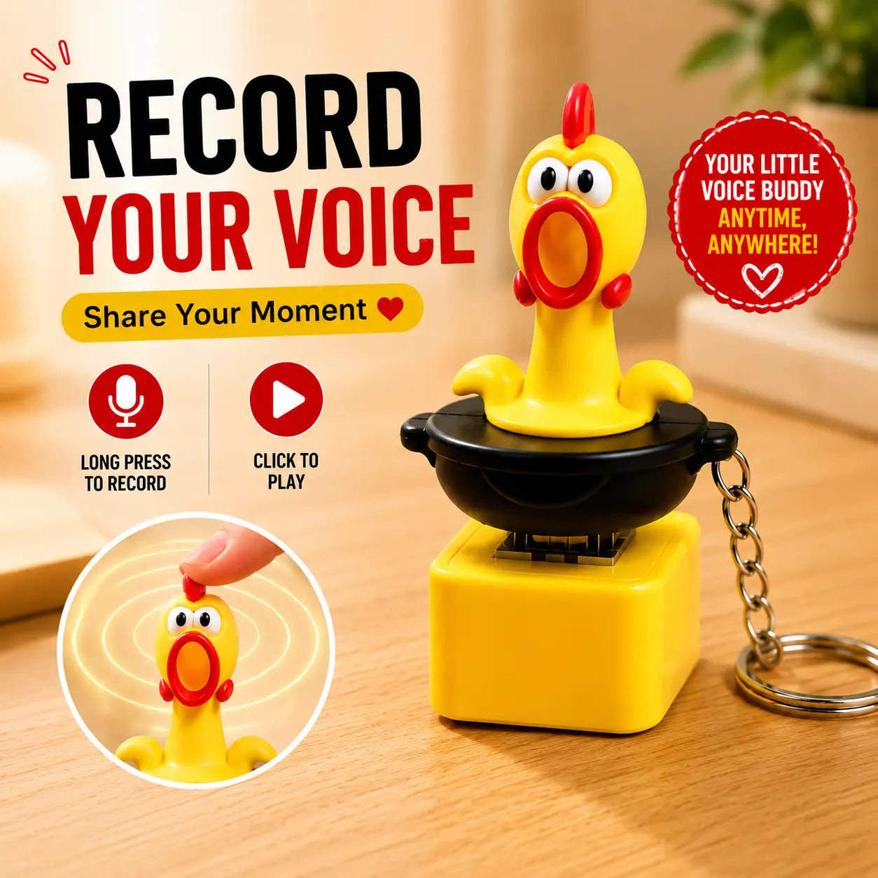 Funny Recordable Screaming Chicken Keychain Collectible - Long Press to Record, 1-Click Playback, Personalized Voice Message Toy, Mini Talking Chicken, Prank Gag Novelty Gift for Friends, Holiday Stocking Stuffer Key Ring