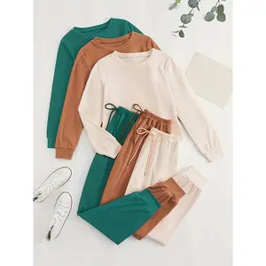 3 Sets of Cozy Women's Solid Casual Lounge Sets - Long Sleeve Round Neck Tops & Jogger Pants for Fall - Comfortable Relaxed Fit, Soft Fabric, and Versatile Style Clothing Womenswear Suits Crewneck