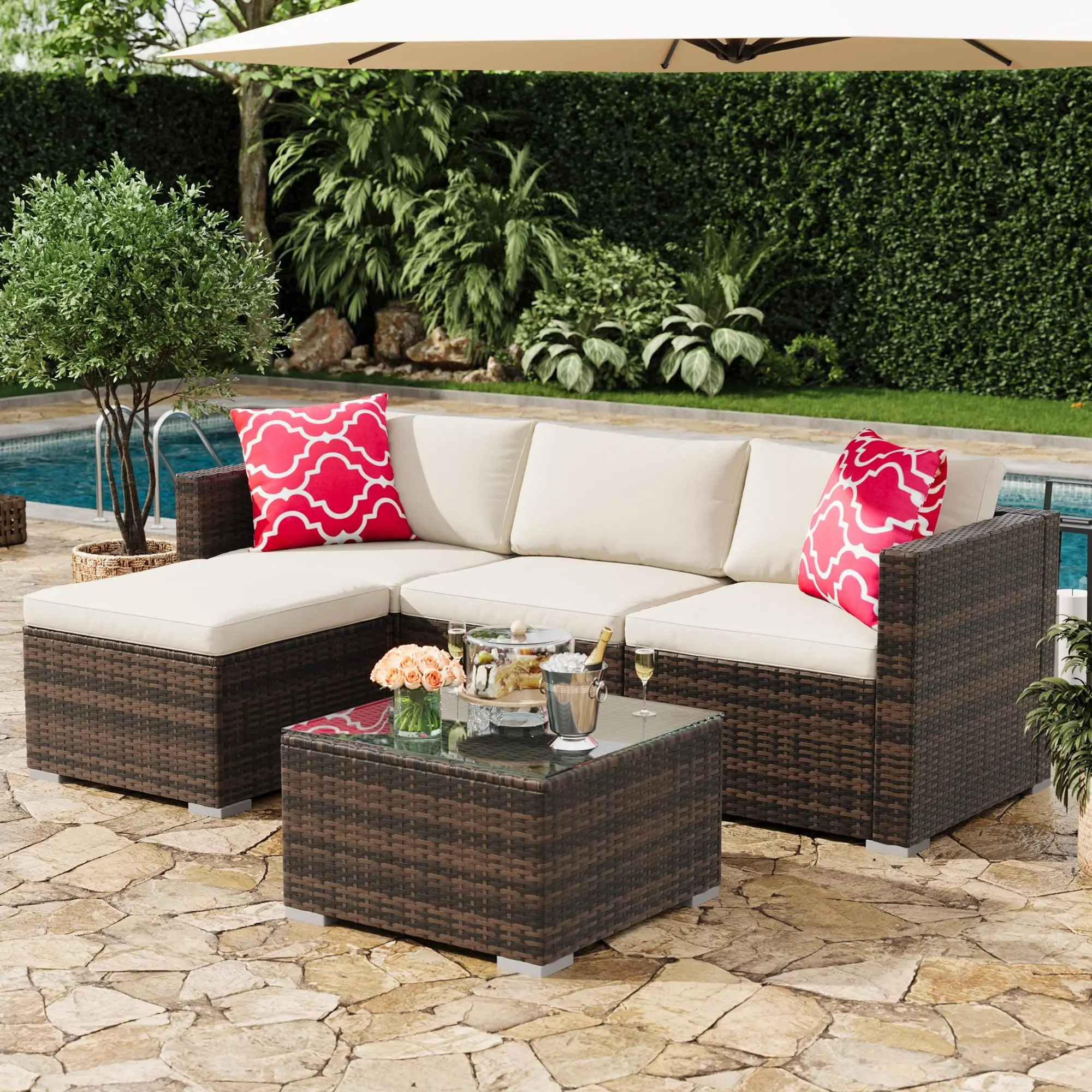 Garvee 5-Piece Outdoor Patio Furniture Sets Featuring Convertible Sectional Sofas, PE Rattan or Wicker Material, Tempered Glass Tables, Cushions, and Steel Frames for Garden, Backyard, Porch, and Poolside Use