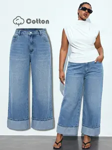 Women's Plus Size Light Wash Cotton Denim Jeans, High Waist Wide Leg Rolled Hem Casual Jeans, Comfortable and Stylish Bottoms for Everyday Wear