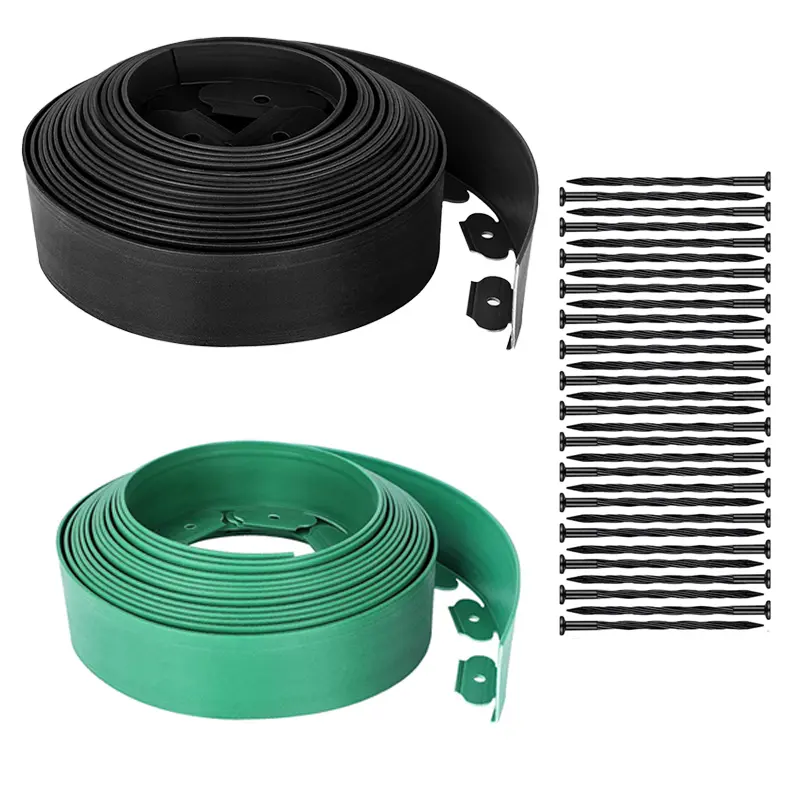 5cm Wide Garden Edging Strip - 10m Length with 30 Stakes, Outdoor Lawn & Path Lawn/Stone Divider for Flower Beds, Black/Green Modern Patio Decor, Secure Stake Fit