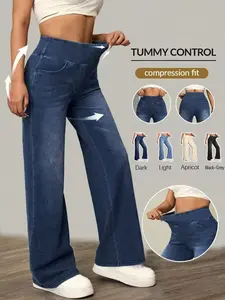 Women's High-Waisted Long Elastic Denim Wide-Leg Pants, Comfortable Stretch Waist, Fit, Casual Daily Wear, Durable Material