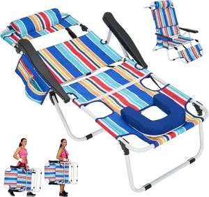DoCred Deluxe 3N1 Beach Chairs with Face Hole, 5-Position Adjustable Portable Folding Tanning Chair, Heavy Duty Lounge Chair for Poolside, Outdoor, Sunbathing, Lawn, Patio