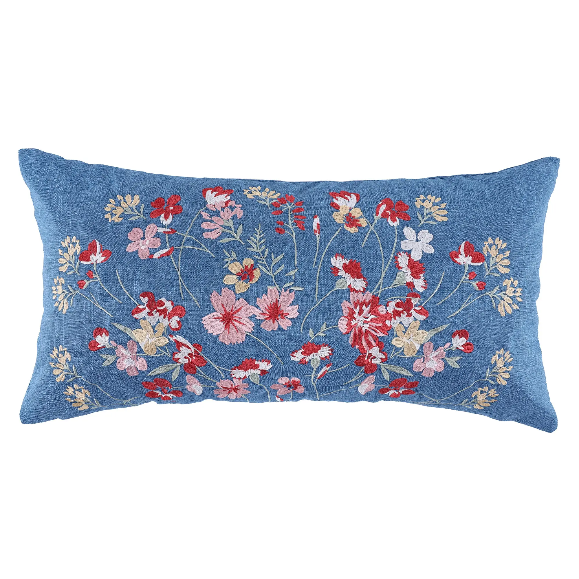 Kirana Embroidered Floral Pillow, 12x24 in, Boho Vibe Home Decor Room Decor Accent with Botanical Art for Soft Furnishings Bedding Linens, Denim Base