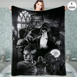 Soft Funny Throw Blanket Frankenstein themed printed flannel blanket - versatile, warm and comfortable for the sofa, office, travel - a great gift for all seasons