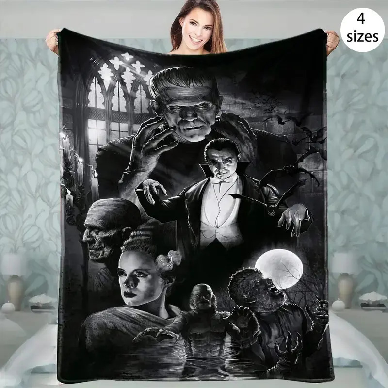 Frankenstein Themed Character Graphic Flannel Throw Blanket - Soft, Funny, Warm, Comfortable, Versatile for Sofa, Office - Ideal All-Season Gift, Character Graphic Blankets