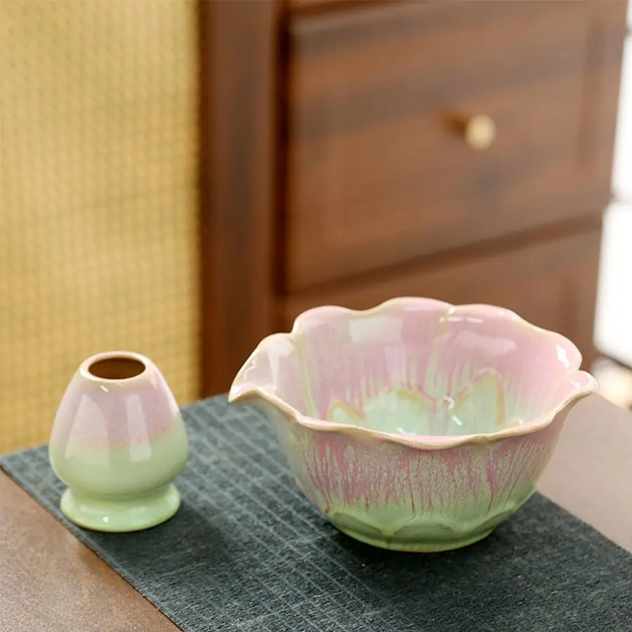 Ceramic Matcha Bowl with Lotus Flower Mouth, Blue Song Dynasty Tea Set, Girls' Teaware, Traditional Japanese Design, Matcha Kit Set, Tea Making Tools, Tea Accessories