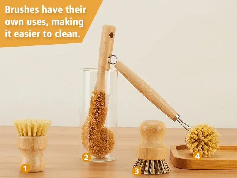 4 pcs Bamboo Dish Brush Set Plastic-Free Kitchen Scrub Brush Kitchen Clean Dish Scrubber for Kitchen Cleaning Dishes, Pots, Pans, Bottles, Vegetables