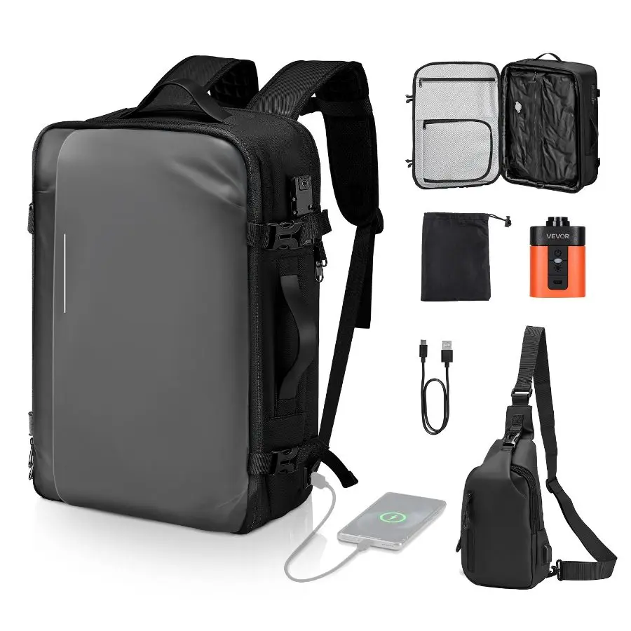 【Summerfinds】 VEVOR 65L Smart Compression Vacuum Travel Backpack, Expandable with Pump, TSA-Approved Lock, Airback Vacpack, Water-Resistant Carry-On Luggage, for Business, Gray, Smart Compression Backpack