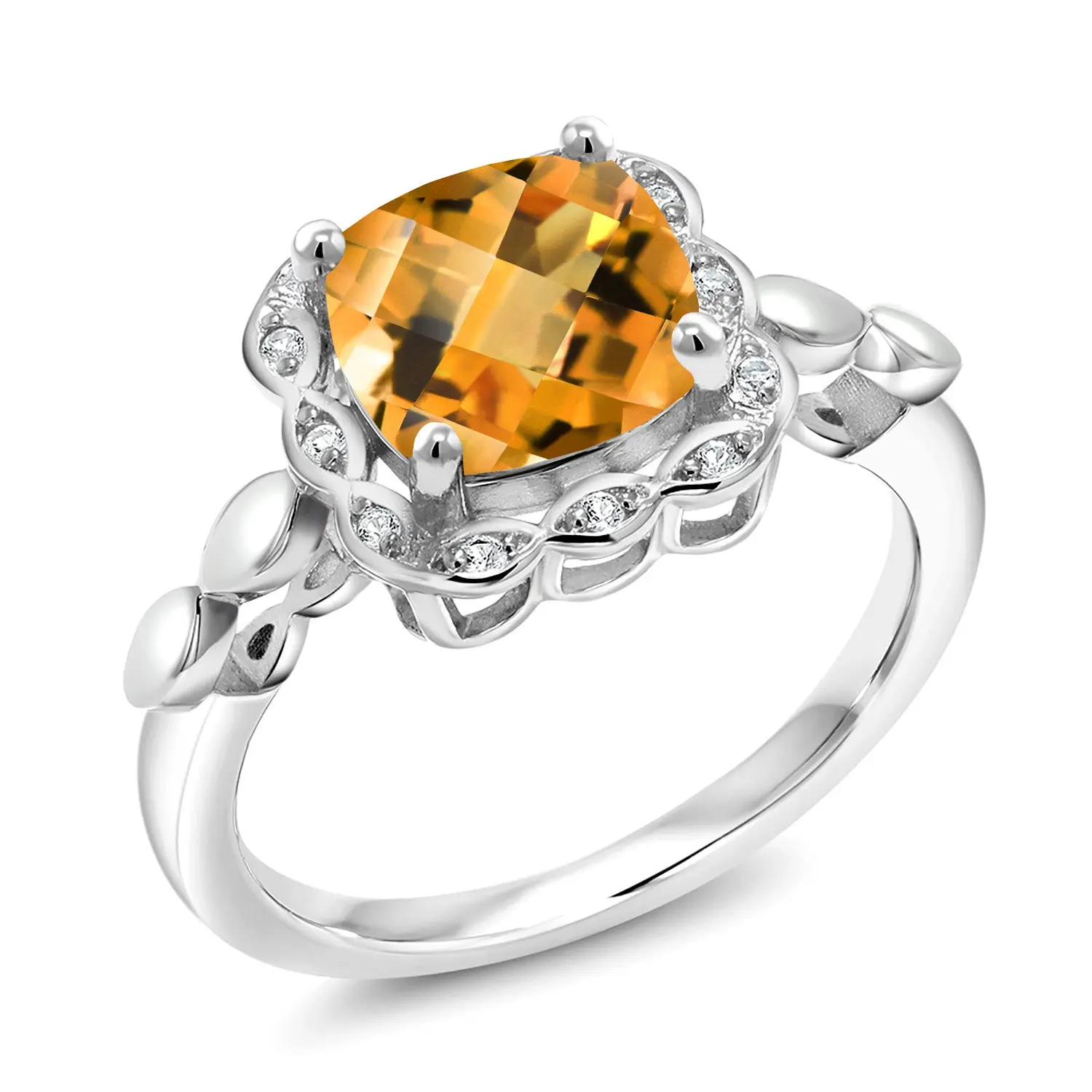925 Sterling Silver Citrine and Created Sapphire Halo Engagement Ring for Women | 2.10 Cttw | Cushion Checkerboard 8MM | Gemstone Birthstone | Wedding Anniversary Promise Ring